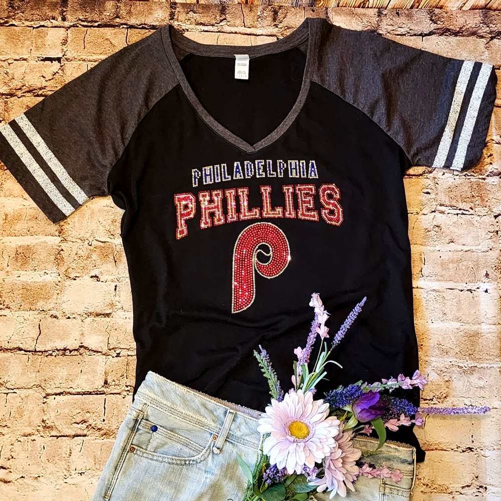 New Bling Philadelphia Phillies Rhinestone Womens Tshirt Sizes Small thru XL